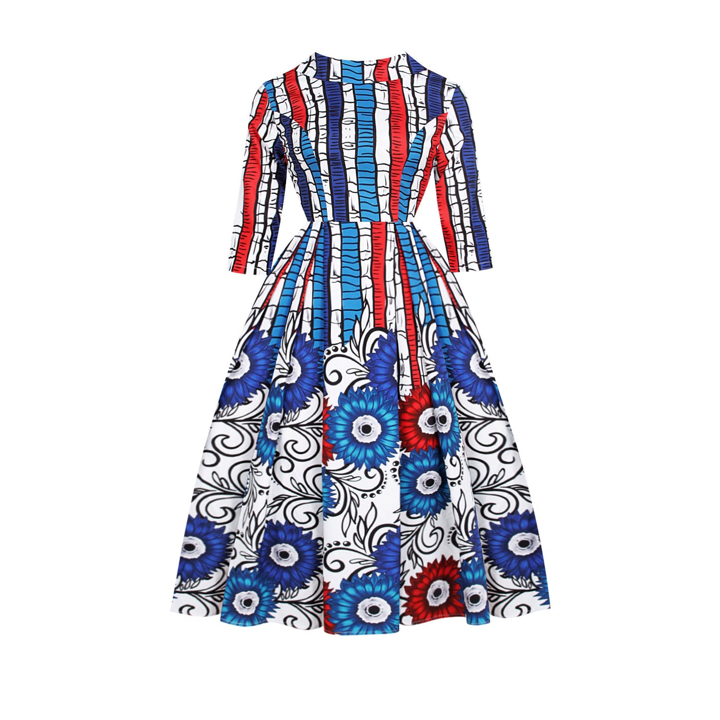 African Style Women'S V-Neck Zipper Three Quarter Sleeve Fashion Dress Skirt