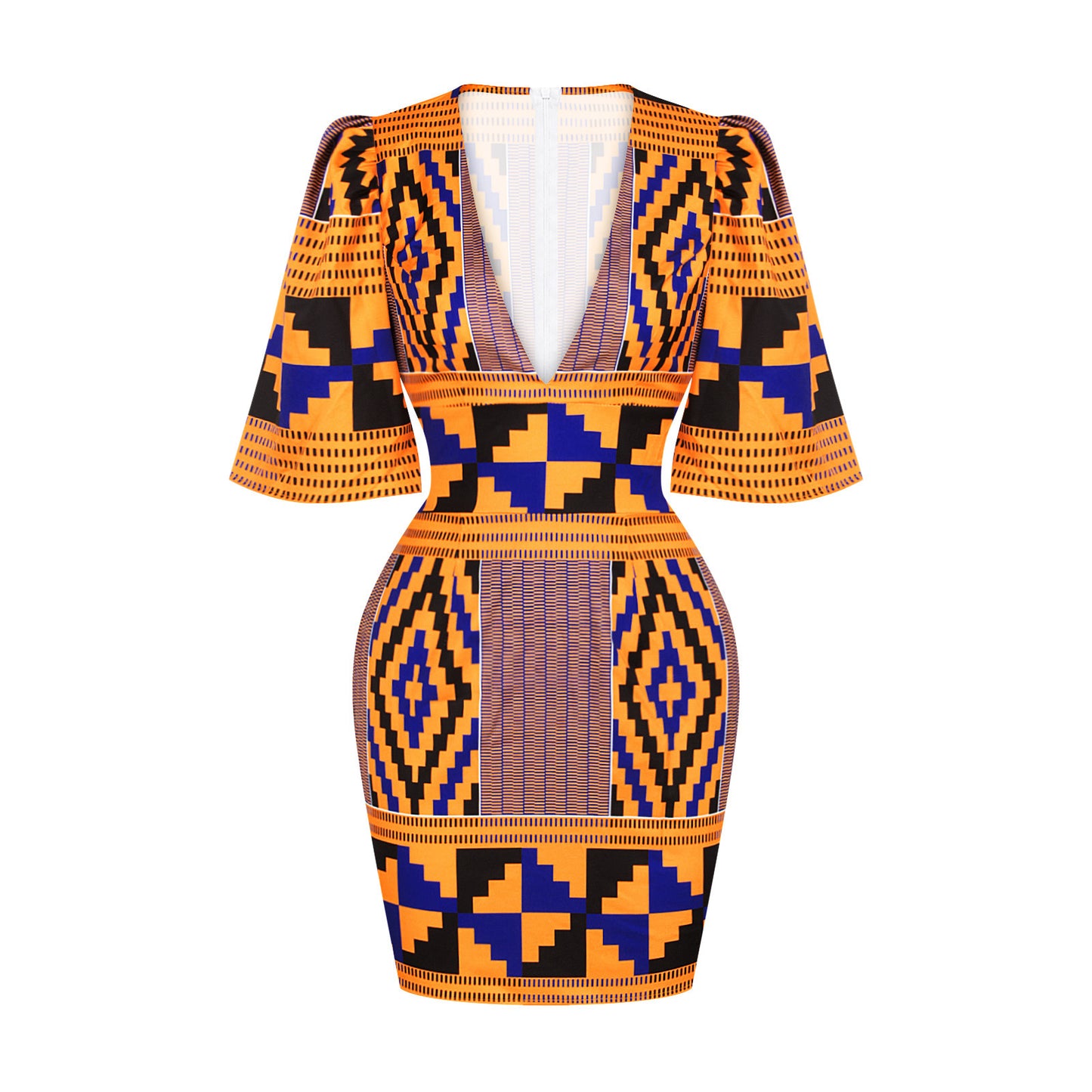 African Sexy Women's Deep V-neck Horn Sleeves Hip Skirt Slim Slimming Indonesian Short Dress