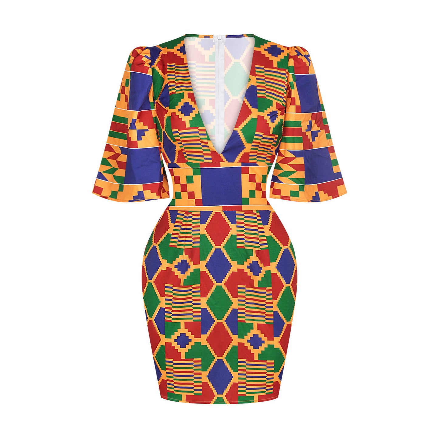 African Sexy Women's Deep V-neck Horn Sleeves Hip Skirt Slim Slimming Indonesian Short Dress