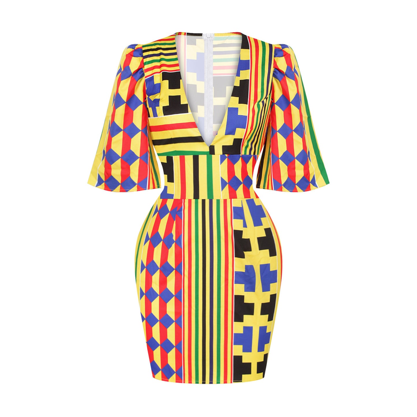 African Sexy Women's Deep V-neck Horn Sleeves Hip Skirt Slim Slimming Indonesian Short Dress