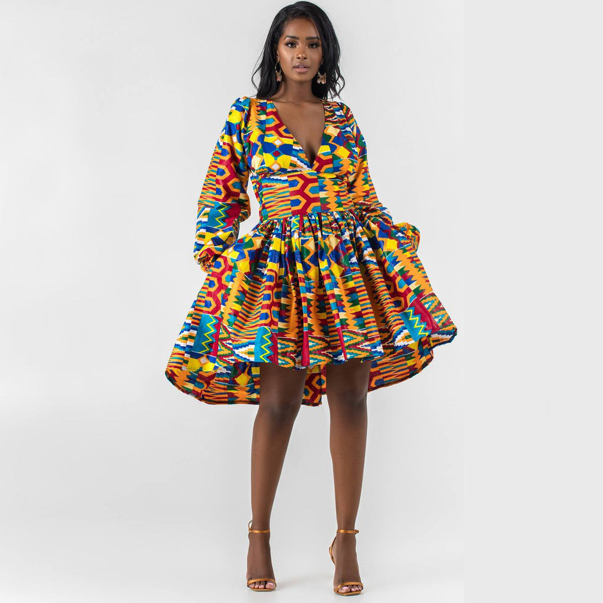 African Style Digital Printing Women's Long-sleeved V-neck Dress Sexy Lace Halter Skirt