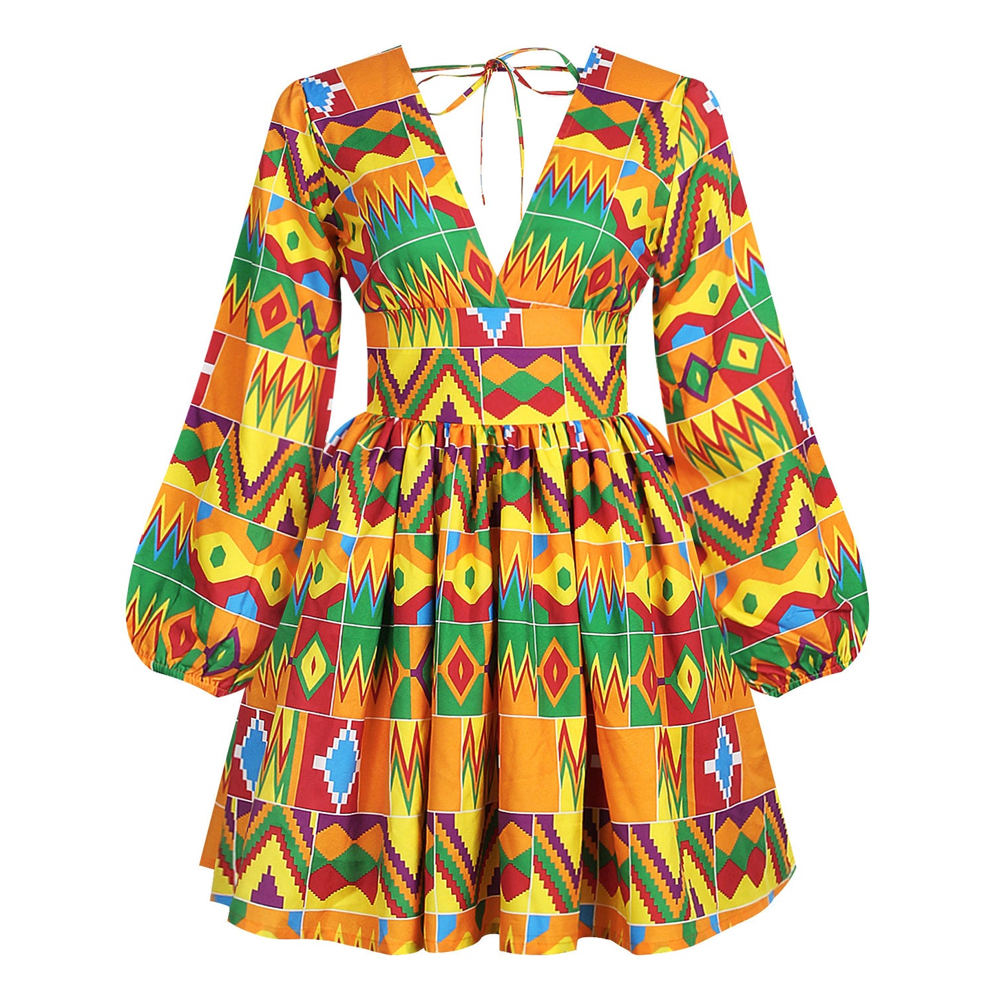 African Style Digital Printing Women's Long-sleeved V-neck Dress Sexy Lace Halter Skirt