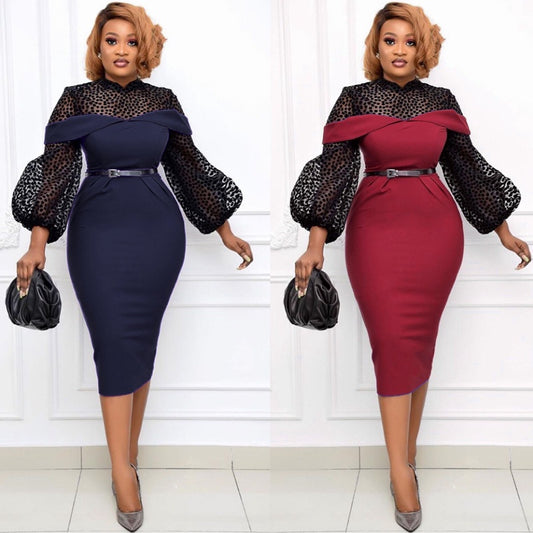 African Woman Polka Dot Mesh Lantern Sleeve High Waist Dress