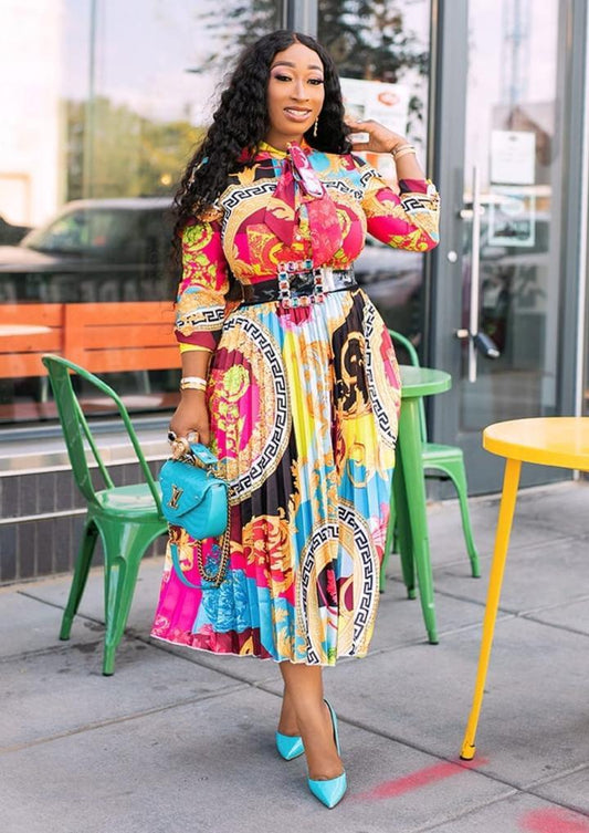 African Style Printed Bow Tie Collar, Three-Quarter Sleeves Mid-Length Dress