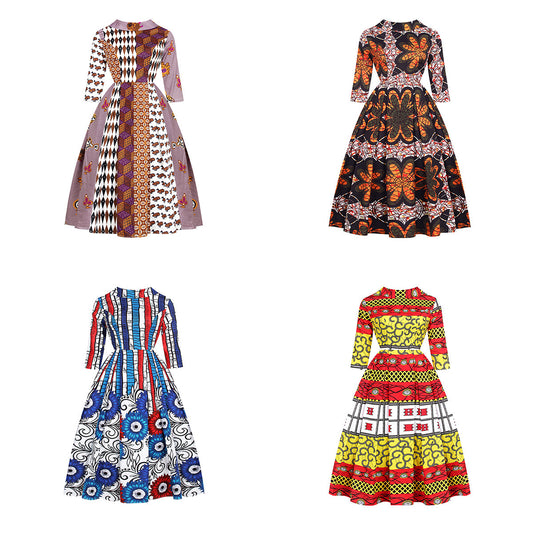 African Style Women'S V-Neck Zipper Three Quarter Sleeve Fashion Dress Skirt