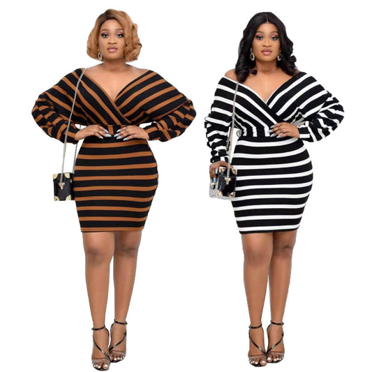 African Stripe Stitching Sexy V-Neck Bag Hip Dress Belt