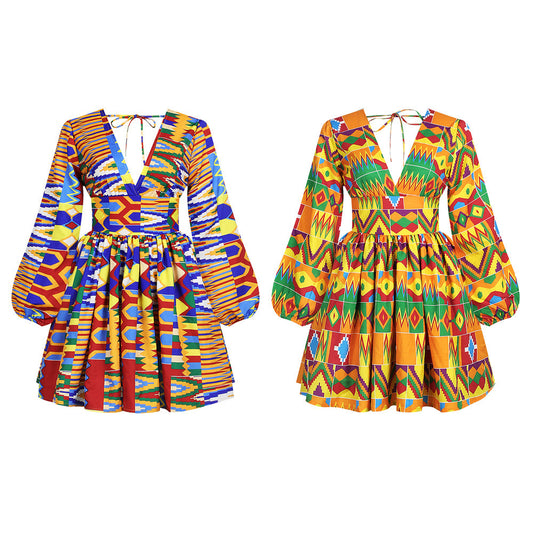 African Style Digital Printing Women's Long-sleeved V-neck Dress Sexy Lace Halter Skirt